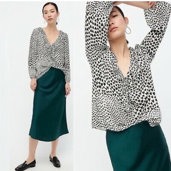 J. Crew Ruffle Heart Print Chiffon Blouse White Black S - Picture 2 of 10
